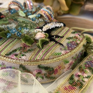 Beaded purse with miniature embroidery of a rural landscape, swallows and silk roses and forget-me-nots in the Rococo style image 7