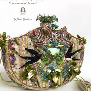 Beaded purse with miniature embroidery of a rural landscape, swallows and silk roses and forget-me-nots in the Rococo style image 10