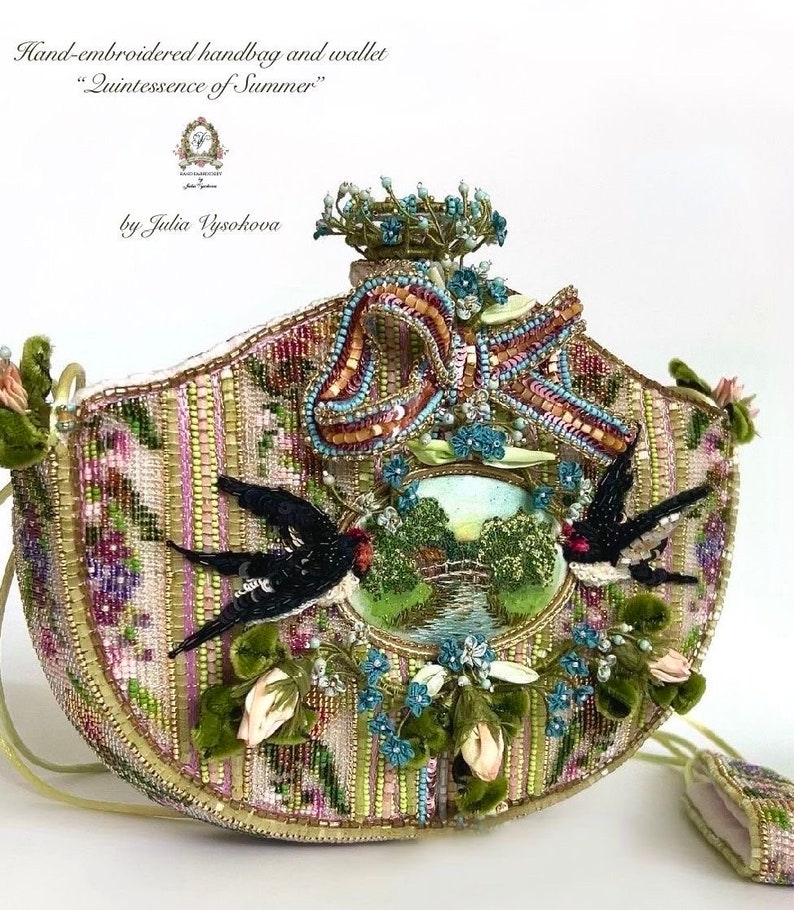 Beaded purse with miniature embroidery of a rural landscape, swallows and silk roses and forget-me-nots in the Rococo style image 10