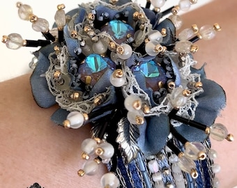 Embroidered bracelet with Blue silk  flowers made of silk, crystals, antique beads for any wrist. Antique style jewelry.