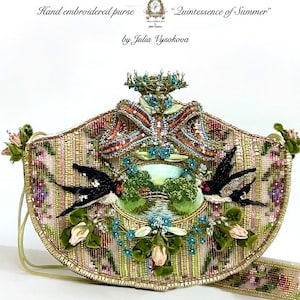 Beaded purse with miniature embroidery of a rural landscape, swallows and silk roses and forget-me-nots in the Rococo style image 5
