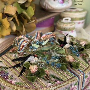 Beaded purse with miniature embroidery of a rural landscape, swallows and silk roses and forget-me-nots in the Rococo style image 8