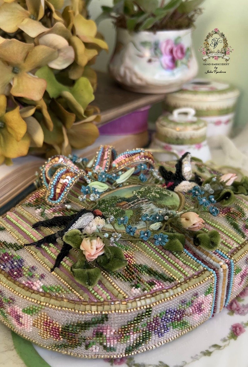 Beaded purse with miniature embroidery of a rural landscape, swallows and silk roses and forget-me-nots in the Rococo style image 8