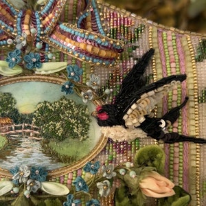 Beaded purse with miniature embroidery of a rural landscape, swallows and silk roses and forget-me-nots in the Rococo style image 2