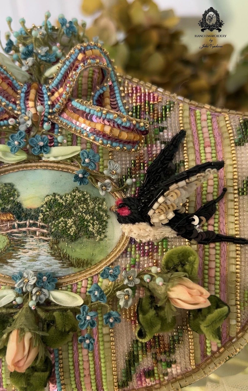 Beaded purse with miniature embroidery of a rural landscape, swallows and silk roses and forget-me-nots in the Rococo style image 2