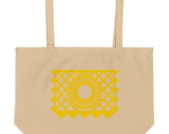 Sunflower Large Organic Tote Bag with Yellow Papel Picado Flower from the book FUN FIESTAS © by Lisa Osterman