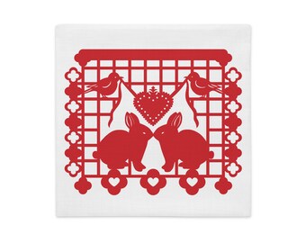 Bunny Rabbit Decorative Pillow Sham 18"x18" in White with Red Papel Picado Rabbits from the book A Is For Alpaca And Amigos © Lisa Osterman