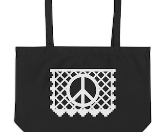PEACE Large Organic Tote Bag with Peace Symbol in White Papel Picado from the book FUN FIESTAS © by Lisa Osterman
