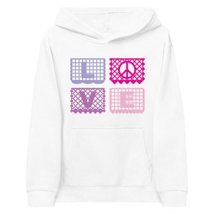 Love&Peace Kinder Kapuzenpullover mit rosa und lila Papel Picado aus dem Buch FUN FIESTAS © von Lisa Osterman