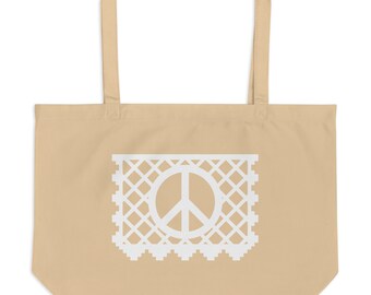 PEACE Large Organic Tote Bag with Peace Symbol in White Papel Picado from the book FUN FIESTAS © by Lisa Osterman