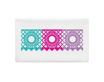 Sunflowers White Pillow Sham with Turquoise, Pink&Purple-Collect all 3 for a bed, bench or sofa Papel Picado Banner FUN FIESTAS©LisaOsterman