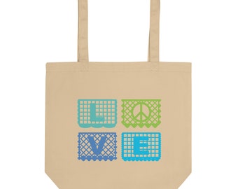 Love&Peace Organic Tote Bag with Green Papel Picado Peace Symbol from the book FUN FIESTAS © by Lisa Osterman