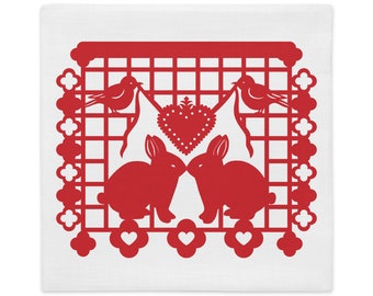 Bunny Rabbit Decorative Pillow Sham 22"x22" in White with Red Papel Picado Rabbits from the book A Is For Alpaca And Amigos © Lisa Osterman