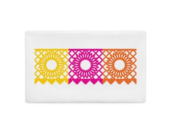 Sunflowers White Pillow Sham with Yellow, Pink & Orange-Collect all 3 for a bed, bench or sofa Papel Picado Banner FUN FIESTAS©Lisa Osterman