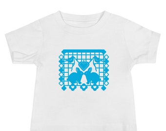 Bunny Rabbit Baby T-shirt with Papel Picado from the animal alphabet book A Is For Alpaca And Amigos © by Lisa Osterman