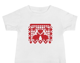 Bunny Rabbit Baby T-shirt with Papel Picado from the animal alphabet book A Is For Alpaca And Amigos © by Lisa Osterman