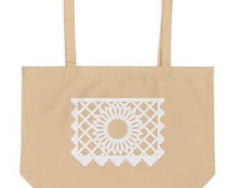 Sunflower Large Organic Tote Bag with White Papel Picado Flower from the book FUN FIESTAS © by Lisa Osterman