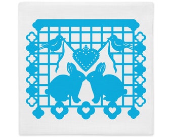 Bunny Rabbit Decorative Pillow Sham 22"x22" in White with Papel Picado from the book A Is For Alpaca And Amigos © Lisa Osterman