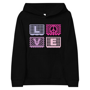 Love&Peace Kinder Kapuzenpullover mit rosa und lila Papel Picado aus dem Buch FUN FIESTAS © von Lisa Osterman