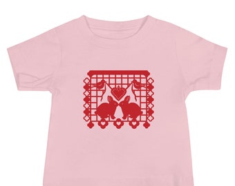 Bunny Rabbit Baby T-shirt with Papel Picado from the animal alphabet book A Is For Alpaca And Amigos © by Lisa Osterman