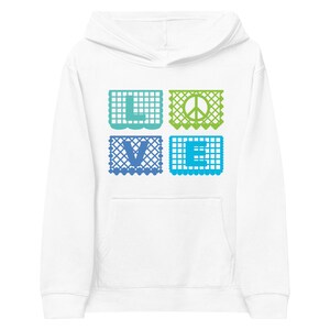 Love&Peace Kinder Kapuzenpullover mit blauem und grünem Papel Picado aus dem Buch FUN FIESTAS © von Lisa Osterman