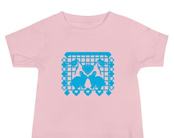 Bunny Rabbit Baby T-shirt with Papel Picado from the animal alphabet book A Is For Alpaca And Amigos © by Lisa Osterman