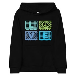 Love&Peace Kinder Kapuzenpullover mit blauem und grünem Papel Picado aus dem Buch FUN FIESTAS © von Lisa Osterman
