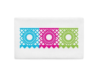 Sunflowers White Pillow Sham with Blue, Pink & Green - Collect all 3 for a bed, bench or sofa Papel Picado Banner FUN FIESTAS©Lisa Osterman