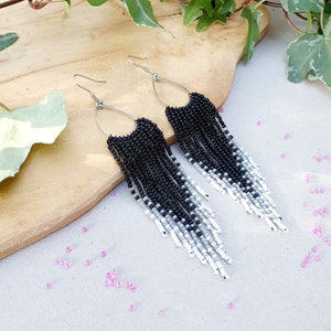 Long dangle beaded earrings Seed bead earrings Fringe earrings Black white and gray earrings
