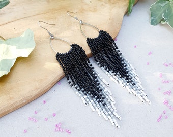 Long dangle beaded earrings Seed bead earrings Fringe earrings Black white and gray earrings