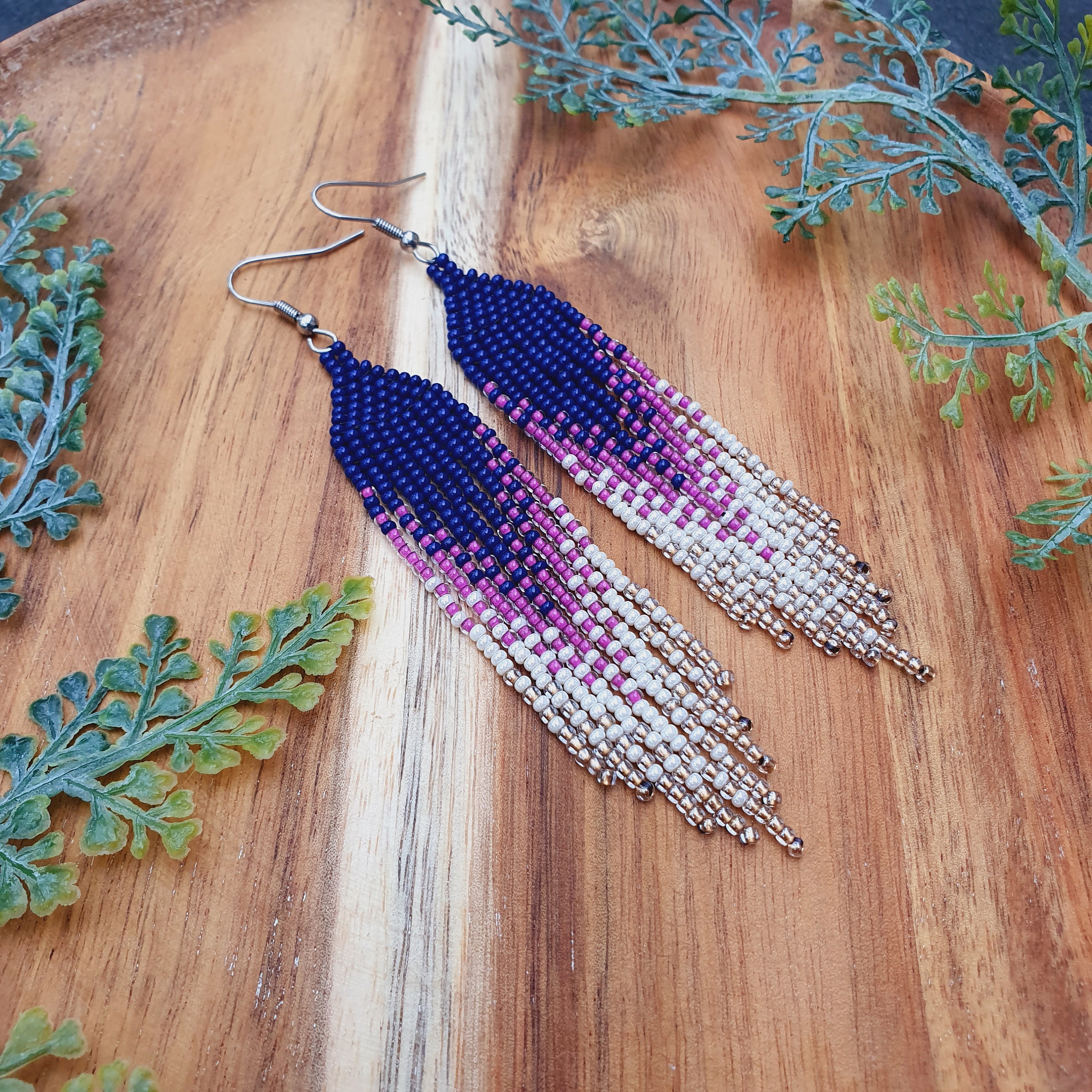 Long Dangle Beaded Earrings, Seed Bead Earrings, Fringe
