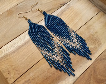 Beaded earrings Seed bead earrings Long earrings Dangle earrings Fringe earrings Blue and gold earrings