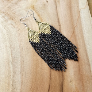 Long dangle beaded earrings, Seed bead earrings, Fringe earrings, Black and gold earrings, Long strand earrings, Statement earrings