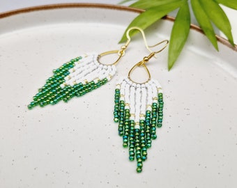Long dangle beaded earrings, White and green earrings, Earrings for best friend, 30th birthday gift for sister in law, Gift for daughter