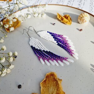 Long dangle beaded earrings Seed bead earrings Fringe earrings White and purple earrings