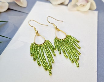 Long dangle beaded earrings, Seed bead earrings, Fringe earrings, Chandelier earrings, Green and gold earrings, Birthday gift for her