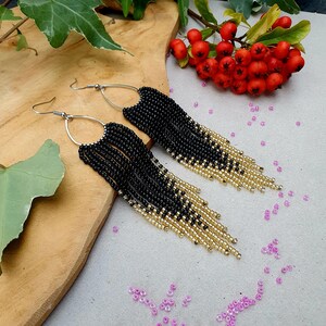 Long dangle beaded earrings Seed bead earrings Fringe earrings Black and gold earrings