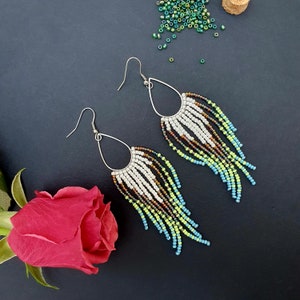 Long dangle beaded earrings, Seed bead earrings, Fringe earrings, Multicolour earrings, Unique gift for her, 30 birthday gift, Drop earrings