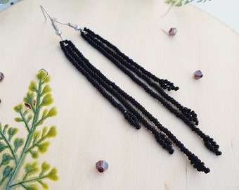 Long dangle beaded earrings Seed bead earrings Fringe earrings Black earrings