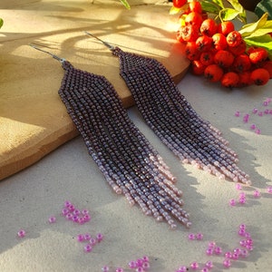 Long dangle beaded earrings Seed bead earrings Fringe earrings Ombre earrings