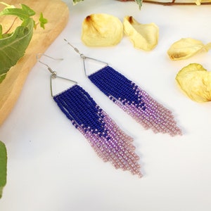 Drop earrings, Long dangle beaded earrings, Seed bead earrings, Fringe earrings, Purple earrings, Tassel earrings, Unique gift for her