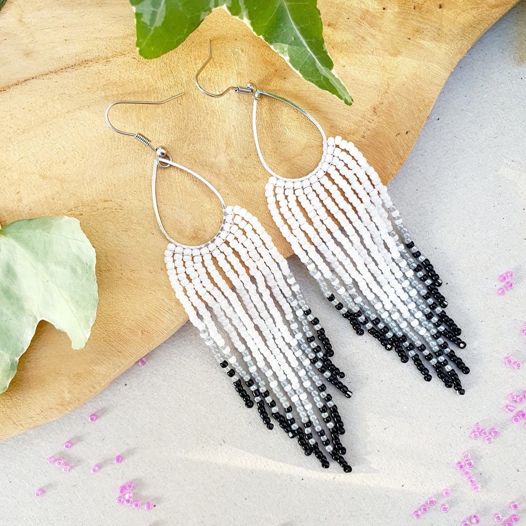 Long Dangle Beaded Earrings Seed Bead Earrings Fringe Earrings