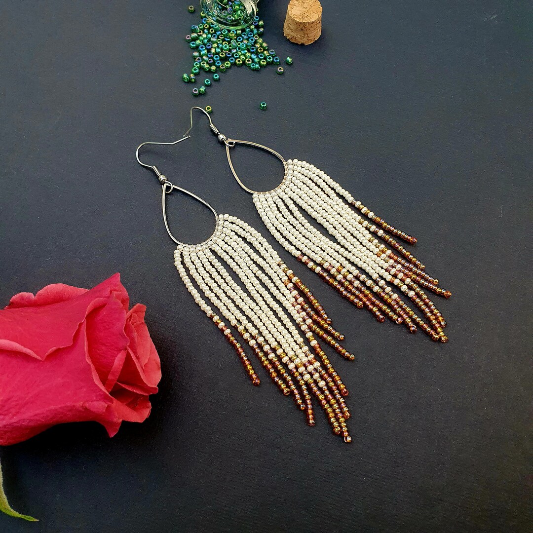 Long Dangle Beaded Earrings Seed Bead Earrings Fringe Earrings Beige ...
