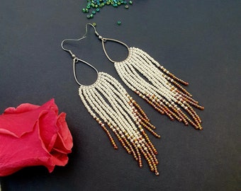 Long dangle beaded earrings Seed bead earrings Fringe earrings Beige and amber earrings