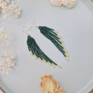 Long dangle beaded earrings, Seed bead earrings, Fringe earrings, Green and gold earrings, Drop earrings, Bridesmaid earrings, Gift for her