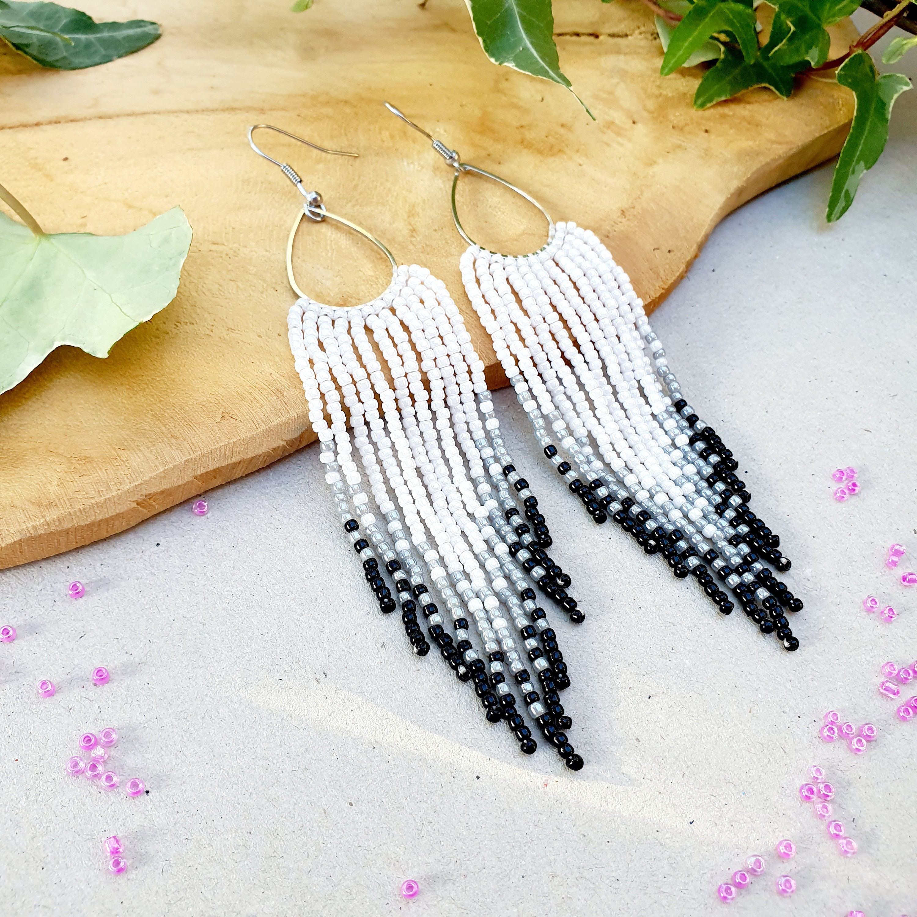 Long dangle beaded earrings Seed bead earrings Fringe earrings White Black and grey earrings