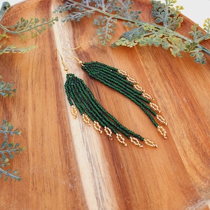 Long dangle beaded earrings, Seed bead earrings, Fringe earrings, Green and gold earrings, Wing earrings, Feather earrings, Unique gift