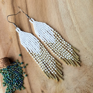 Long beaded earrings, Seed bead earrings, Dangle earrings, Fringe earrings White and gold earrings, Birthday gift for woman, Tassel earrings