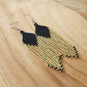 Long dangle beaded earrings, Statement earrings, Fringe earrings, Black and gold earrings, Long strand earrings, Tassel earrings, Gift idea