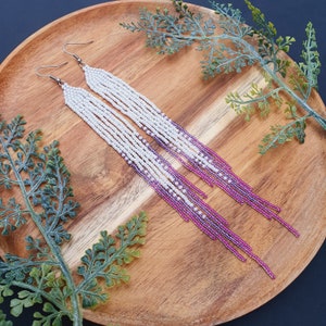 Long dangle beaded earrings, Seed bead earrings, Fringe earrings, Shoulder duster earrings, White and pink earrings, Long strand earrings
